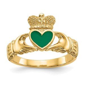 14k Yellow Gold Irish Claddagh Ring w Crown and Hands holding Green enamel heart